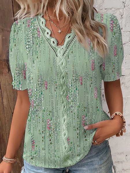 

Light Green Elegant Casual Lace Stitching Loose Top, Shirts & Blouses