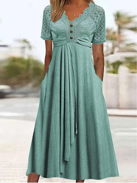 

Casual Loose V Neck Lace Plain Dress, Green, Dresses
