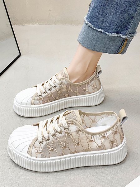 

Breathable Geometric Embroidered Graphic Mesh Platform Flats, Champagne, Sneakers