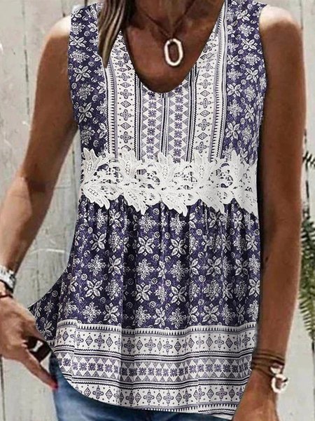 

Country Casual Ethnic Floral Design Loose Lace Knit Tank Top, Dark blue, Tanks & Camis