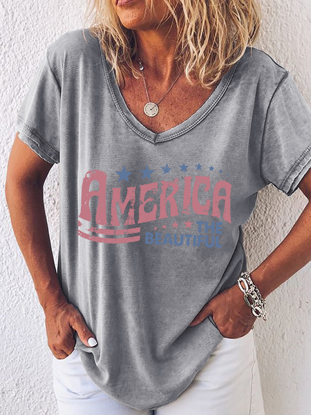 

Women's Retro America The Beautiful 4th Of July Simple V Neck Loose T-Shirt, Gray, T-shirts