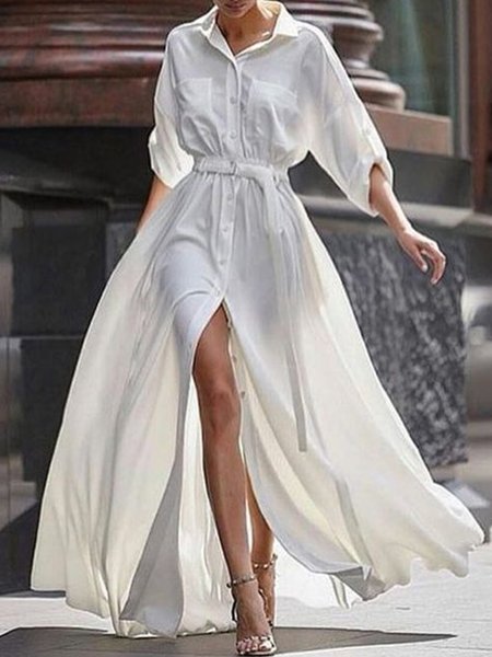 

Urban Shirt Collar Loose Dress With No Belt, White, Maxi Dresses