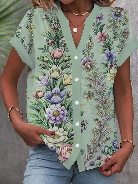 

Stand Collar Casual Floral Loose Blouse, Green, Shirts & Blouses