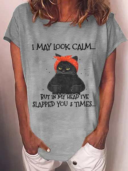

Women's Funny Cat I May Look Calm But In My Head I've Slapped You 3 Times Loose T-Shirt, Gray, T-shirts
