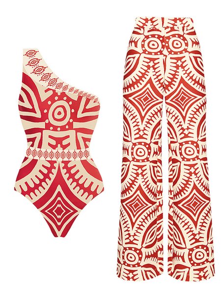 

Vacation Abstract Printing One Shoulder One Piece With Cover Up, Red, Swimsuit with Coverups
