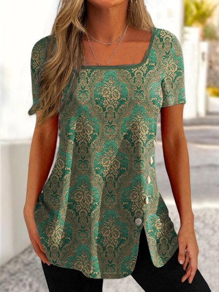 

Ethnic Loose Casual Square Neck T-Shirt, Green, T-Shirts