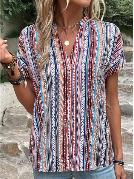 

V Neck Geometric Casual Loose Shirt, Blue, Shirts & Blouses