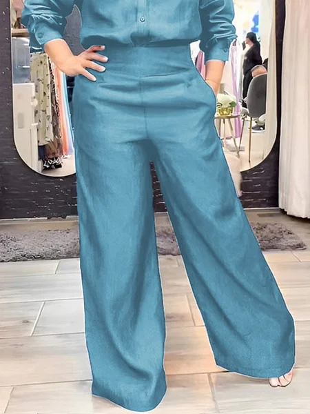 Plain Loose Faux Denim Urban Wide leg Jeans, Light blue, Jeans