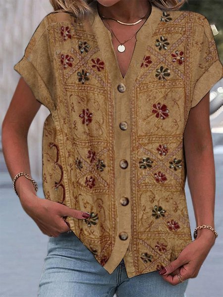 

Loose Ethnic Casual V Neck Blouse, Khaki, Shirts & Blouses