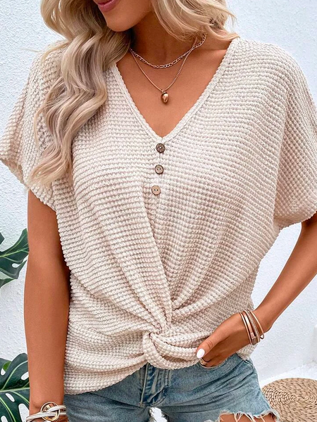 

Buttoned Loose Plain Twist Front Batwing Sleeve Waffle Knit Tee, Apricot, T-Shirts