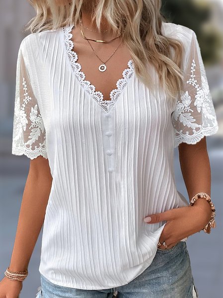 

Buckle Plain V Neck Casual Lace Shirt, White, Shirts & Blouses