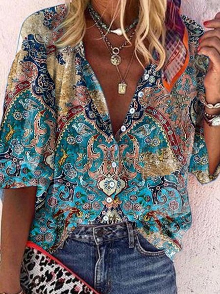 

Rustic Ethnic Floral Loose V Neck Shirt, Green, Shirts & Blouses
