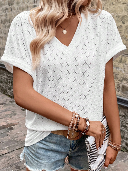 

Plain V Neck Loose Casual T-Shirt, White, T-Shirts