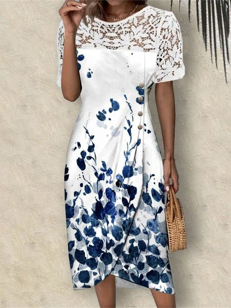 

Crew Neck Elegant Floral Regular Fit Dress, Blue, Dresses