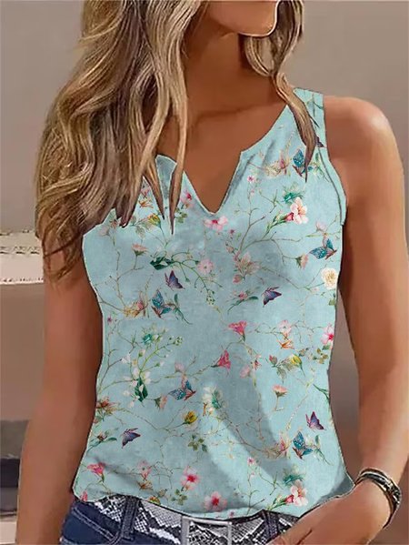

V Neck Casual Floral Cotton Tank Top, Blue, Tanks & Camis