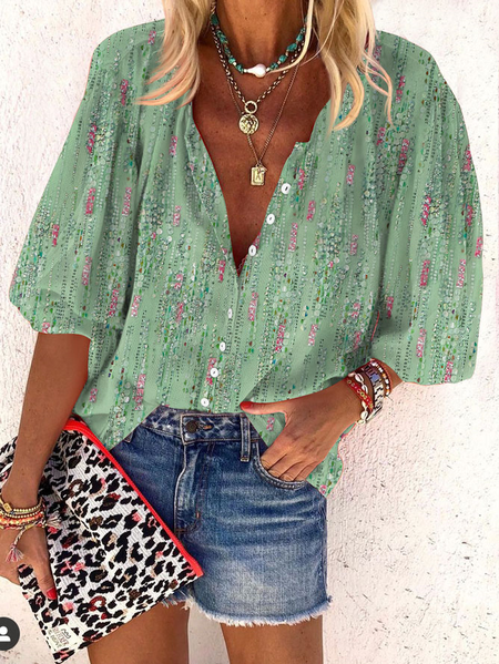 

Casual Striped Loose Buttoned Blouse, Green, Shirts & Blouses