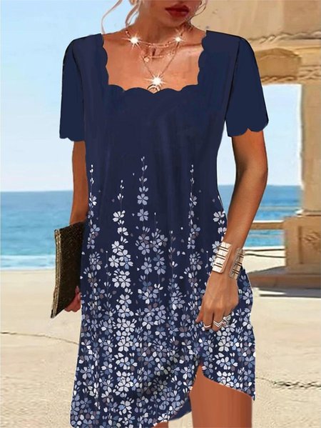 

Loose Square Neck Casual Floral Regular Sleeve Dress With No, White-blue, Dresses