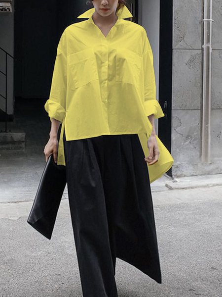

Daily Long sleeve Urban Plain Shirt Collar Blouse, Yellow, Blouses and Shirts