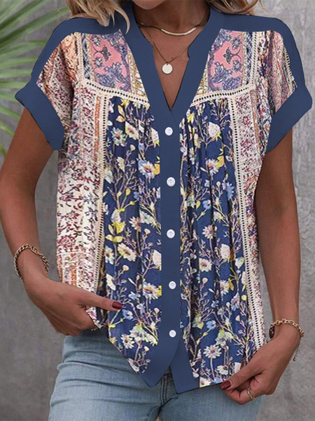 

Ethnic Casual Stand Collar Buckle Shirt, Blue, Shirts & Blouses