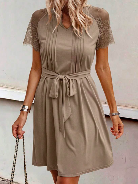 

Loose Lace Elegant Contrast Lace Raglan Sleeve Belted Dress, Khaki, Dresses