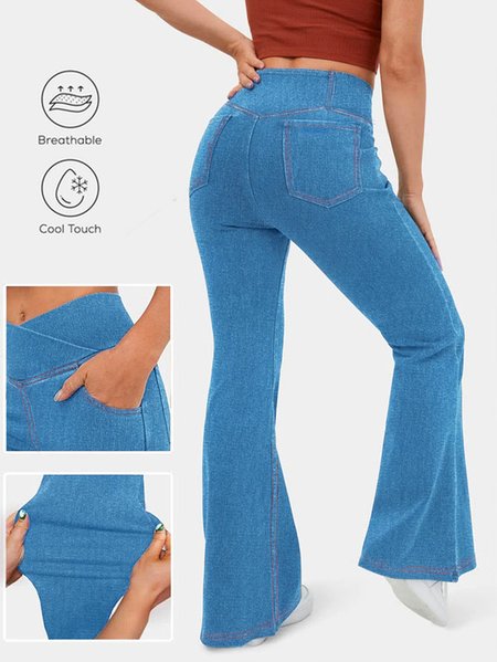 

High Waisted Crossover Pocket Washed Stretchy Knit Denim Casual Super Flare Pants, Blue, Jeans