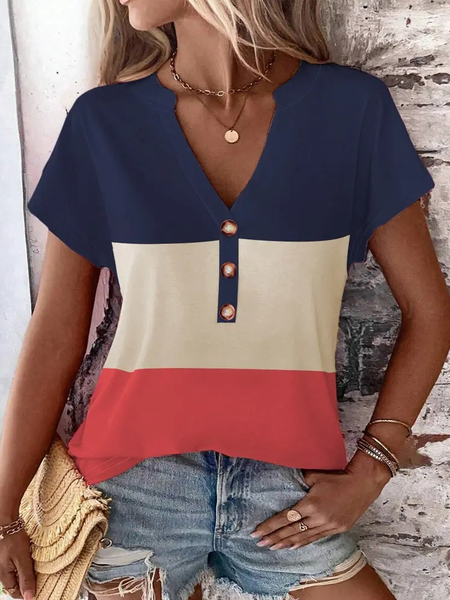 

Color Block Loose Casual V Neck Shirt, Blue, Shirts & Blouses