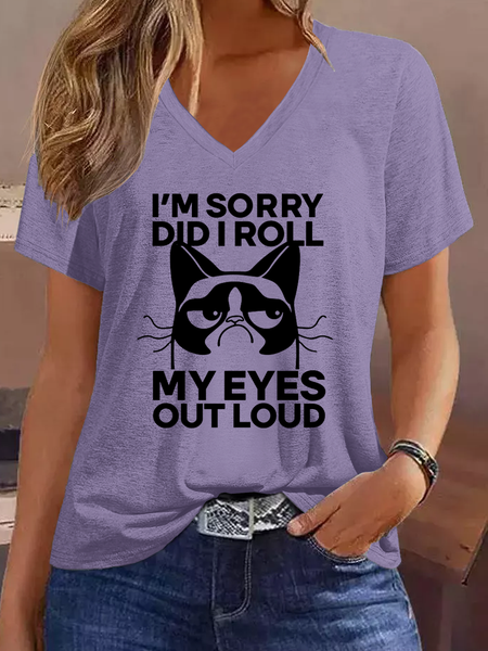 

Women's Funny Sarcastic Cat Kitten Did I Roll My Eyes Out Loud V Neck Casual Cotton-Blend T-Shirt, Purple, T-shirts