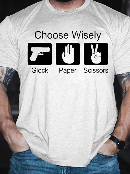 

Men's Funny Choose Wisely Glock Paper Scissors Graphic Printing Casual Loose Text Letters Cotton T-Shirt, White, T-shirts