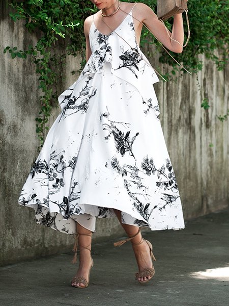 

V Neck Elegant Floral Regular Fit Dress, As picture, Midi Dresses