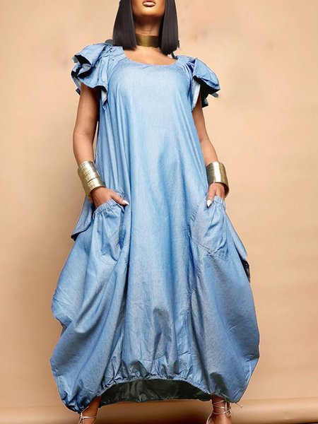 

Casual Crew Neck Regular Fit Denim Dress, Light blue, Midi Dresses