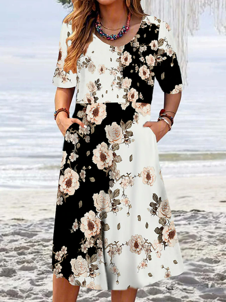 

Rustic Floral Casual Knit Loose Dress, Black, Dresses
