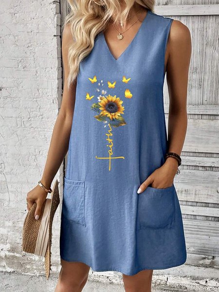 

Casual Cotton Sunflower V Neck Cotton Loose Dress, Blue, Dresses