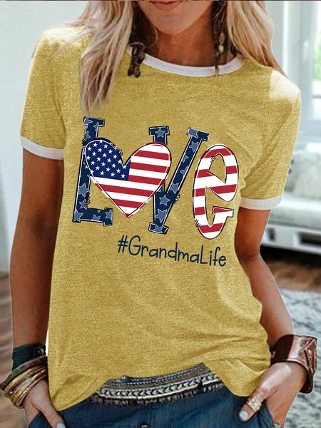 

Women's Funny Love Grandma Life America Flag Graphic Printing 4th Of July Regular Fit Cotton-Blend Casual Text Letters T-Shirt, Yellow, T-shirts