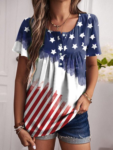 Casual Loose Crew Neck America Flag T-Shirt, Blue, T-Shirts