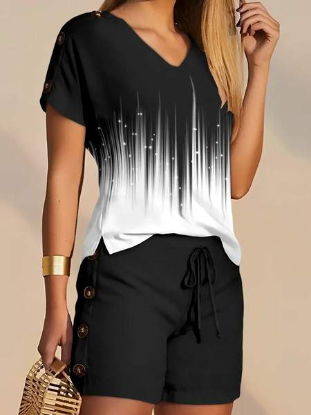 

Casual Loose V Neck Gradient Pattern Two-Piece Set, Black-white, Suit Set