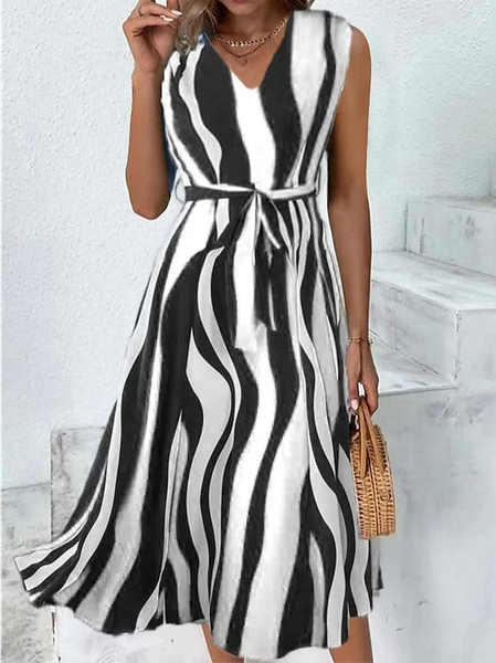 

V Neck Loose Geometric Casual Dress, Black-white, Dresses