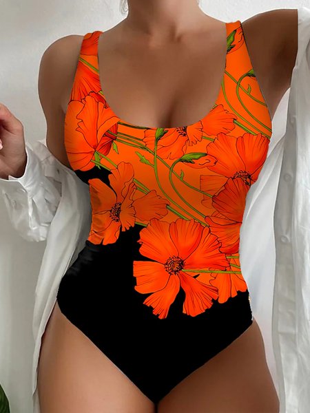 

Printing Scoop Neck Vacation Floral One-Piece, Orange, swimwear>>One-Pieces