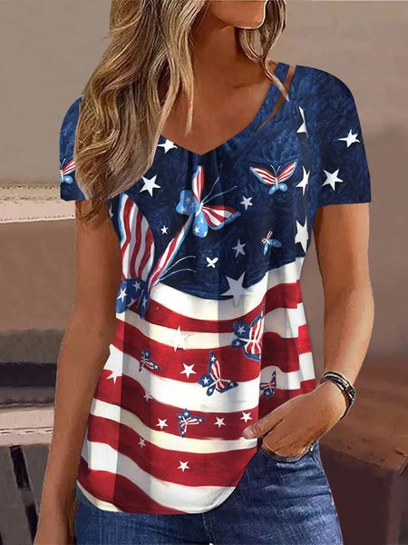 

Loose Casual America Flag Shirt, Red-blue, Blouses