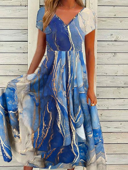 

Plus Size V Neck Loose Abstract Stripes Casual Dress, Blue, Dresses
