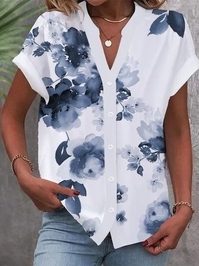 

Floral Stand Collar Loose Casual Blouse, White, Shirts & Blouses