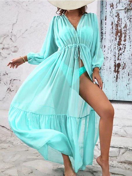 

V Neck Plain Bikini With Cover Up, Lake blue, swimwear>>3 Piece Bikini Sets