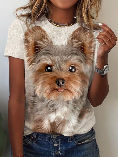 

Loose Casual Khaki Dog Print Short Sleeve Daily Weekend Basic Round Neck Regular T-Shirt, Brown, T-Shirts
