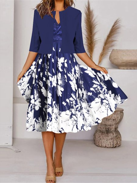 

Crew Neck Elegant Floral Regular Fit Two-Piece Set, Blue, Suit Set