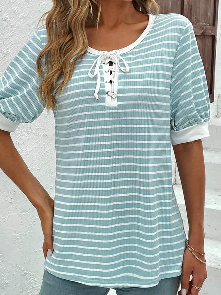 

Lace Up Crew Neck Loose Casual Striped Shirt, Green, Shirts & Blouses