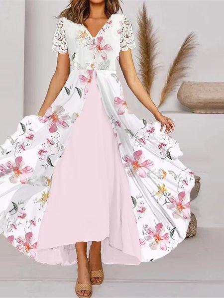 

Elegant Lace Sleeve Floral V Neck Dress, Pink-white, Formal Dresses