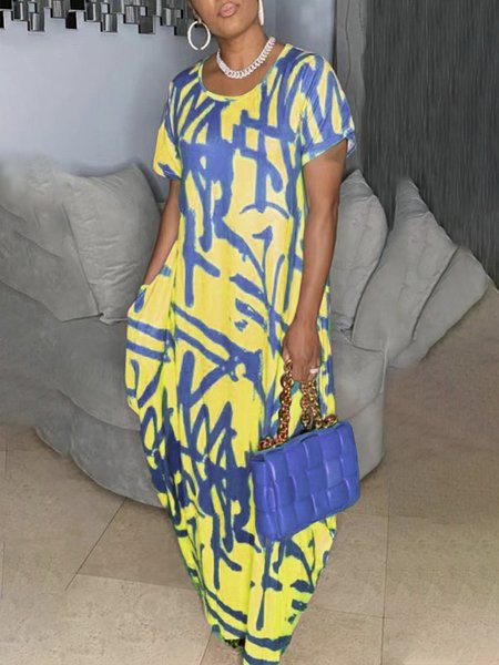 

Abstract Casual Loose Crew Neck Dress, Yellow, Maxi Dresses