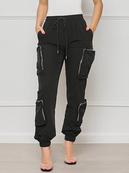 

Plain Casual Loose Pockets Cargo Pants, Black, Cargo Pants