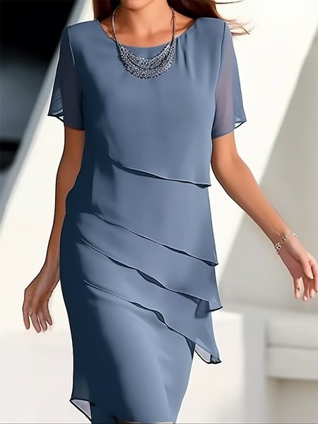 

Elegant Chiffon Plain Crew Neck Dress, Blue, Dresses