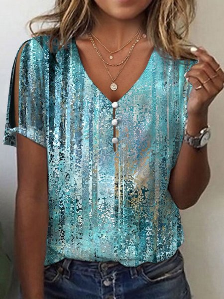 

Casual Buckle V Neck T-Shirt, Blue, T-Shirts