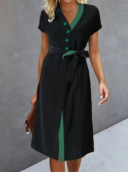 

Loose Plain V Neck Casual Dress With Belt, Black, Dresses